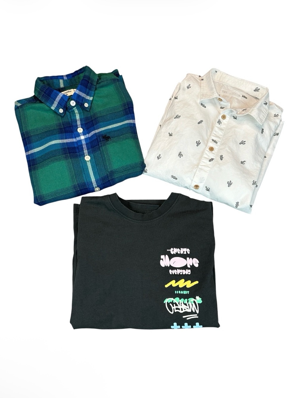 Abercrombie / Zara Boys 3-Pack Shirts Plaid, White Cactus Print, Graphic Tee